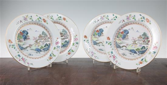 A set of four Chinese famille rose landscape plates, Qianlong period, 23.5cm